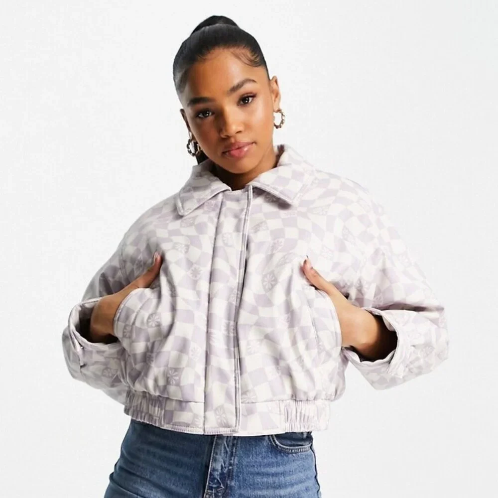 NWT- ASOS * Printed Faux Leather Bomber Jacket in Lilac * Size 12 - Picture 2 of 13